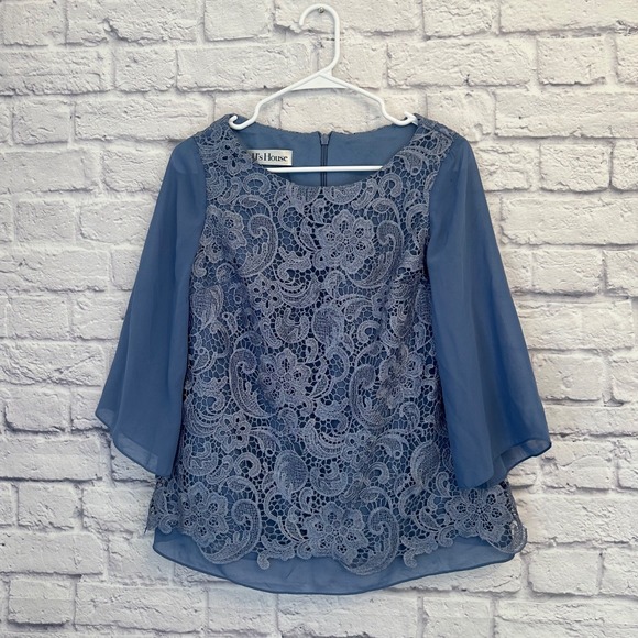 JJs House Tops - JJ's House Lace Top Chiffon Bell Sleeve Blouse Elegant‎ Blue Size S